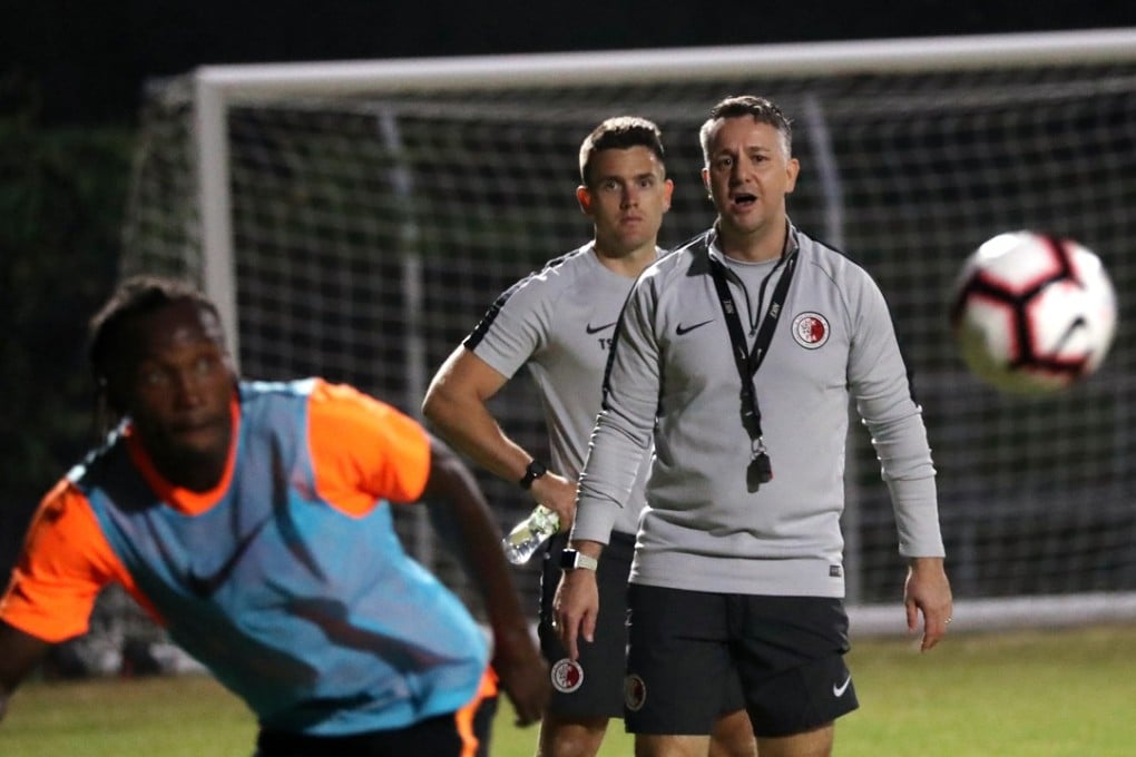 Coach Gary White (centre) leads his first training session with the Hong Kong Senior Representative Team at the Tseung Kwan O Football Training Centre. Photo: Edward Wong