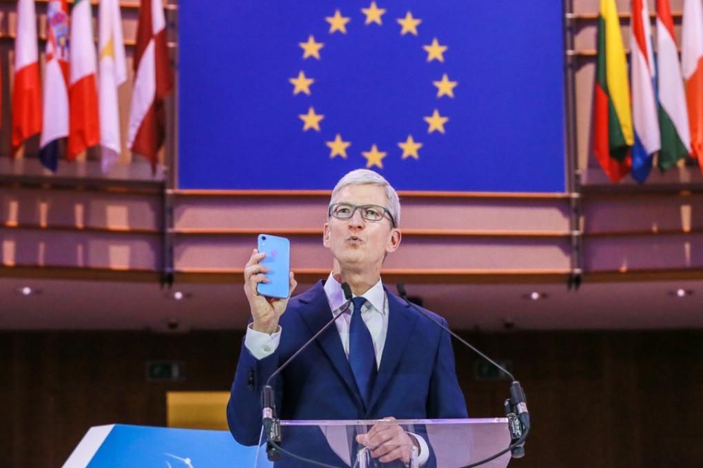 Apple chief executive Tim Cook gives a speech during the 40th International Conference of Data Protection and Privacy Commissioners at the European Parliament in Brussels, Belgium on Wednesday. Photo: EPA-EFE
