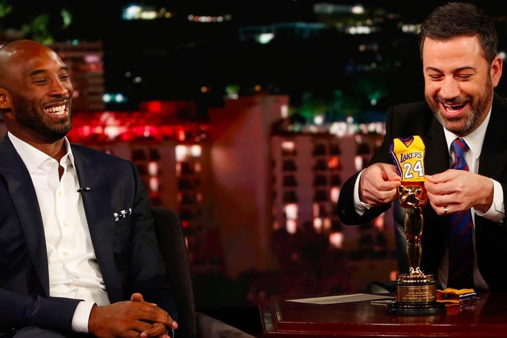 Kobe Bryant laughs on set with Jimmy Kimmel. Photo: Twitter/Jimmy Kimmel Live
