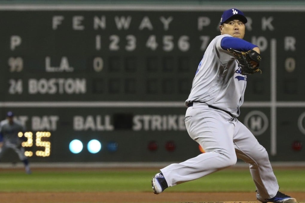 Los Angeles Dodgers starting pitcher Ryu Hyun-jin throws during the first inning against the Boston Red Sox. Photo: AP