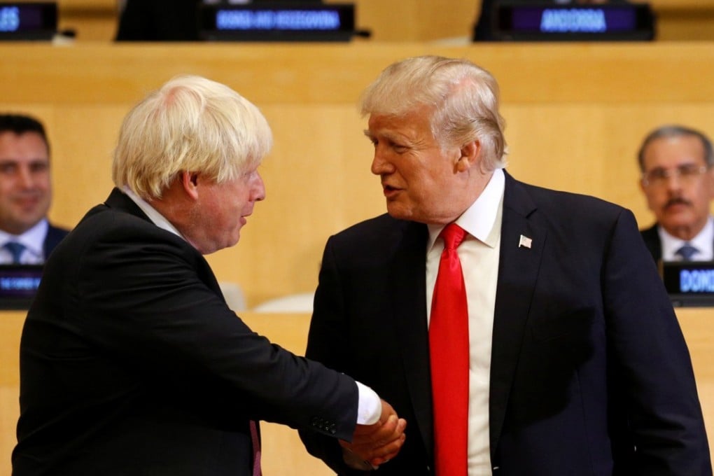 Britain’s then foreign secretary Boris Johnson shakes hands with US President Donald Trump in September 2017 at the UN Headquarters in New York. Trump has suggested Johnson, who resigned in July over Theresa May’s “soft Brexit” plan, should challenge May for the prime minister’s office. Photo: Reuters