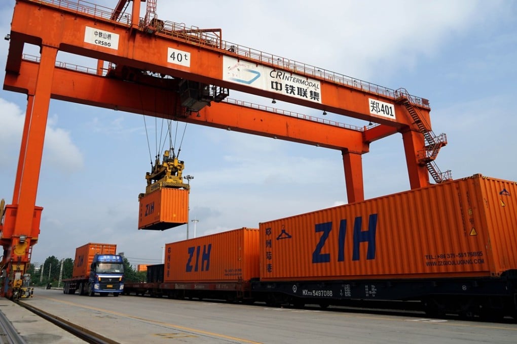Containers are loaded onto a China-Europe freight train in Zhengzhou city, in China’s Henan province, in August 2017. Asia accounts for 35 per cent of EU exports and 45 per cent of EU imports. Photo: EPA-EFE