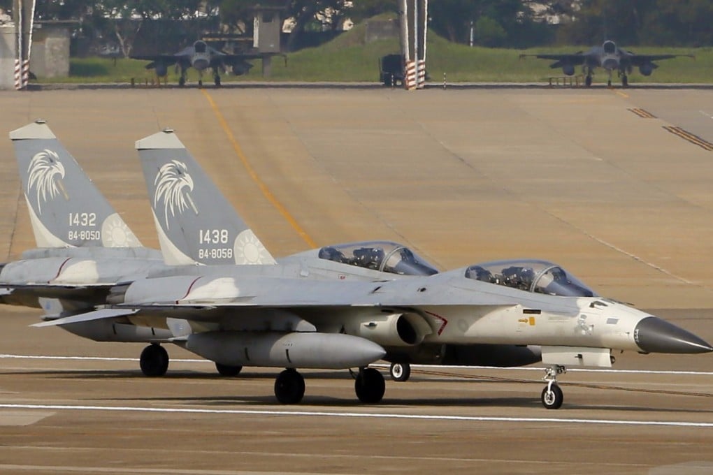 Two Taiwan warplanes at the Hualien Airbase in eastern Taiwan, 04 June 2018. A US$330 million arms sale, covering parts for Taiwan's F-16, C-130, F-5, Indigenous Defense Fighter jets and other aircraft systems, has passed the US Congress. Photo: Taiwan Military News Agency via EPA-EFE