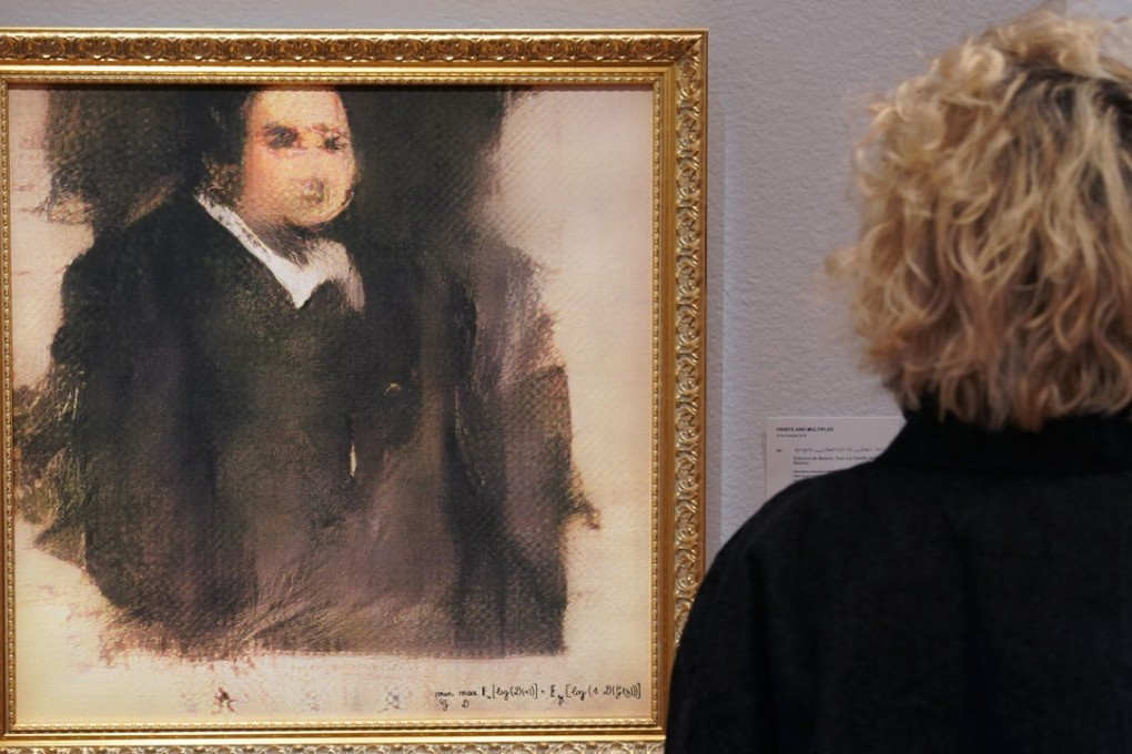 A woman looks at a work of art created by an algorithm, “Portrait of Edmond de Belamy”, at Christie’s in New York on Monday. Photo: Agence France-Presse