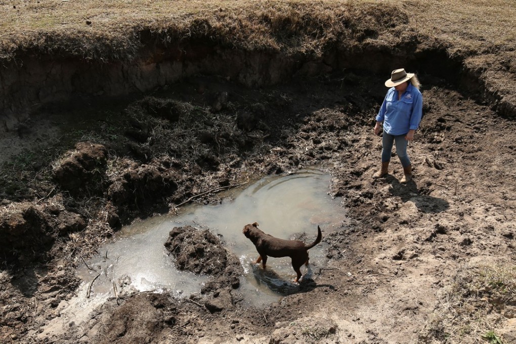 A farmer with a dog visits a dried up freshwater dam. Photo: Bloomberg