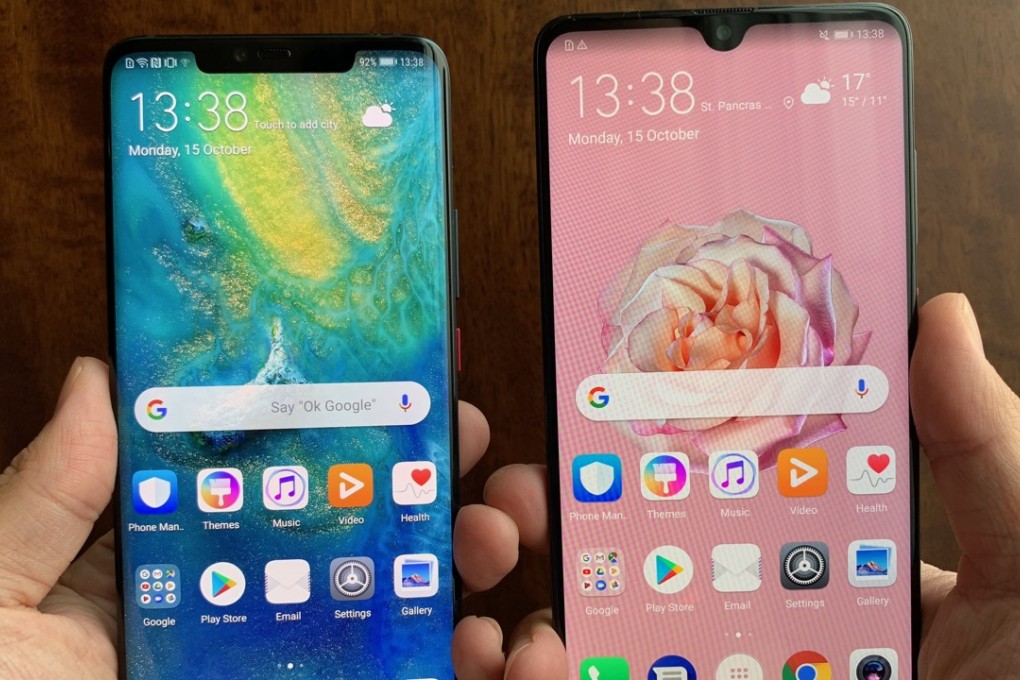 The Huawei Mate 20 Pro (left) next to the standard Mate 20.