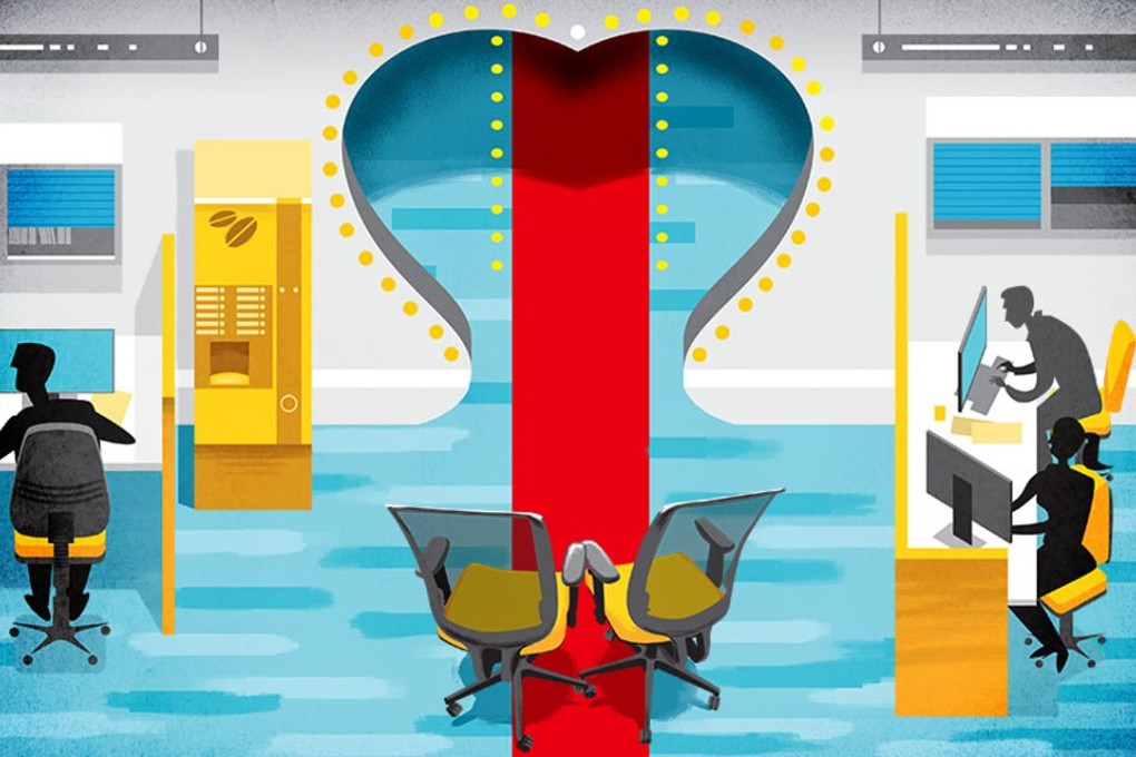 Many people meet, work together, and end up happily married without any drama. But there are nearly always dangers involved in an office romance. Illustration: Marcelo Duhalde/SCMP Graphics