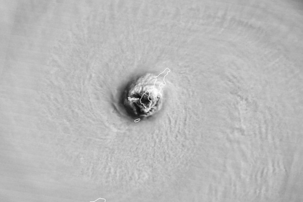 The moment the eye of Super Typhoon Yutu passed over Tinian, one of three main islands of the Northern Mariana Islands on Wednesday. Photo: NOAA via AP