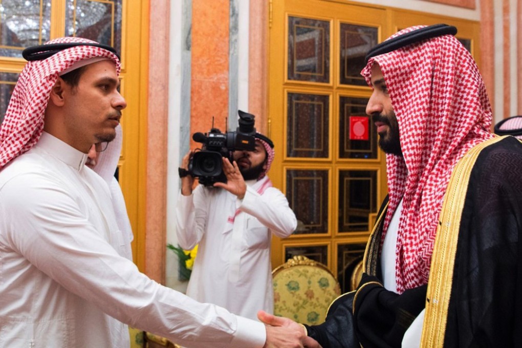 In this photo released by Saudi Press Agency, SPA, Saudi Crown Prince Mohammed bin Salman, right, shakes hands with Salah Khashoggi, son of murdered journalist Jamal Khashoggi, in Riyadh on Tuesday. Photo: AP
