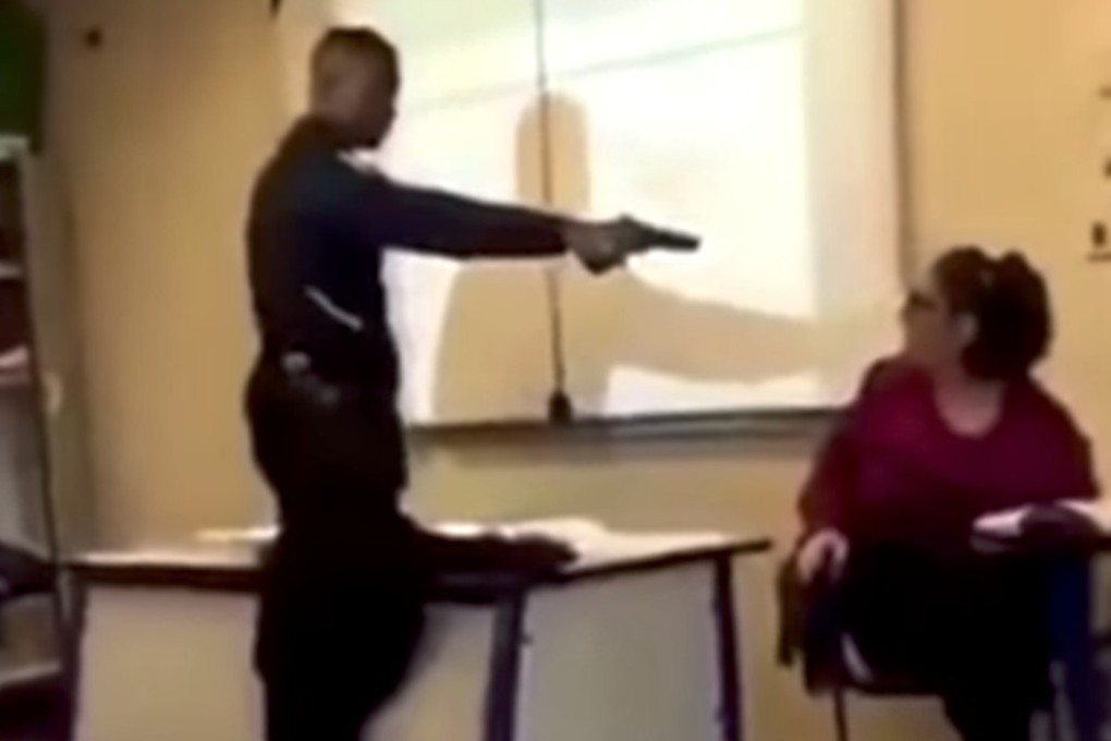 A frame from a video that went viral in France that showed a student at a school in Paris threatening his teacher with a fake gun. Photo: SCMP Pictures (undated handout)