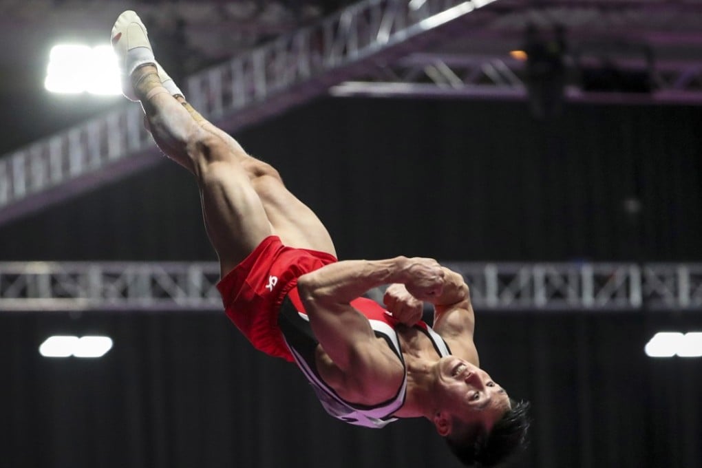 Shek Wai-hung of Hong Kong competes in the vault event during the artistic gymnastics men’s individual finals at the Asian Games in Jakarta on August 24. Shek won gold in the event. Photo: EPA-EFE