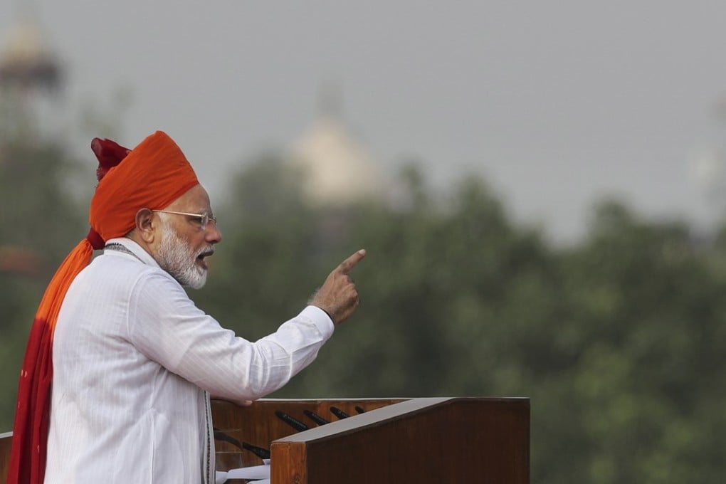 Indian Prime Minister Narendra Modi addresses the nation on the country’s Independence Day from the ramparts of the historical Red Fort in New Delhi, India. Photo: AP