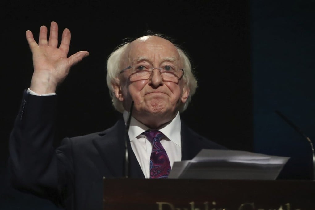 Michael Higgins makes his victory speech after he was announced as the winner of Ireland's presidential election at Dublin Castle on Saturday. Photo: AP