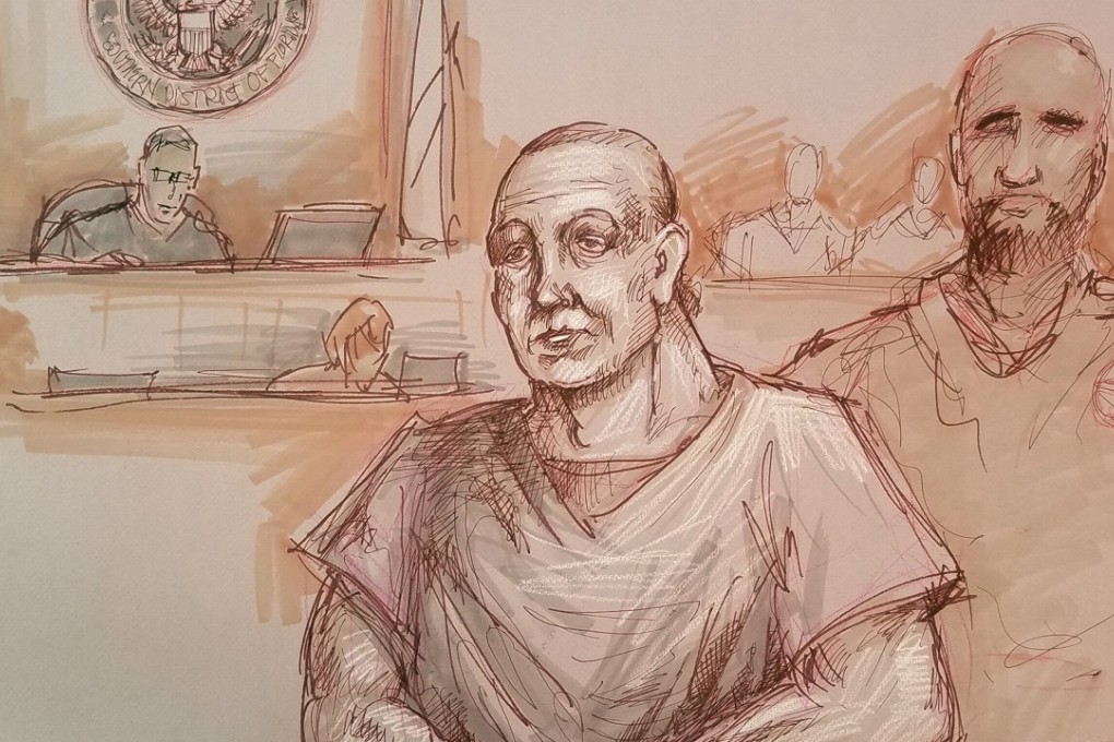 Cesar Altieri Sayoc, accused of mailing 14 pipe bombs to prominent critics of US President Donald Trump, appears handcuffed in federal court to answer charges against him in an artist's sketch made in Miami, Florida, on Monday. Photo: Reuters / Daniel Pontet