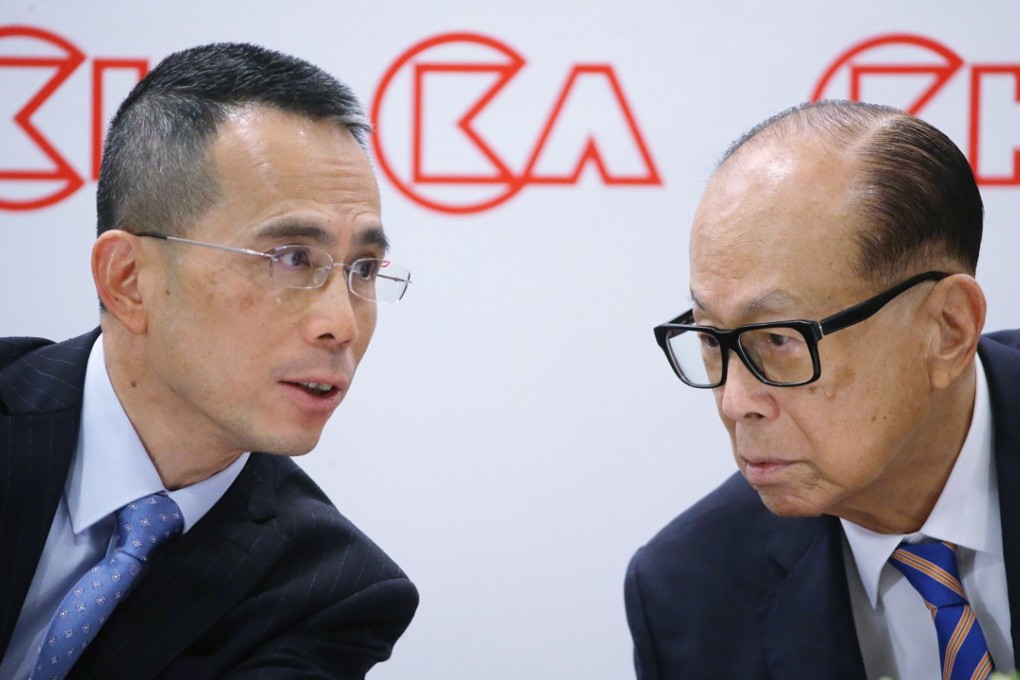 Victor Li Tzar-kuoi (left) and Li Ka-shing attend CK Hutchison Holdings and CK Asset Holdings 2017 annual results announcement in March. Photo: SCMP / Sam Tsang