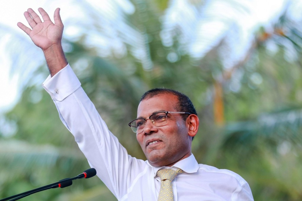 Former president of the Maldives Mohamed Nasheed addresses the country after returning from exile on Thursday. Photo: AFP