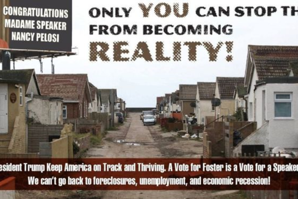 An old picture of a row of British houses in Jaywick Sands, near Clacton, features in an advert for US Republican Nick Stella’s campaign with the slogan: “Help President Trump keep America on track and thriving.” Photo: Facebook
