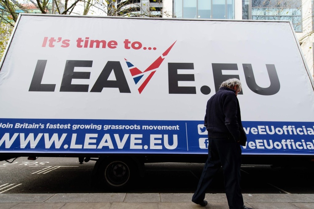 File photo of a campaign poster for the ‘Leave.EU’ campaign group in central London. Photo: AFP