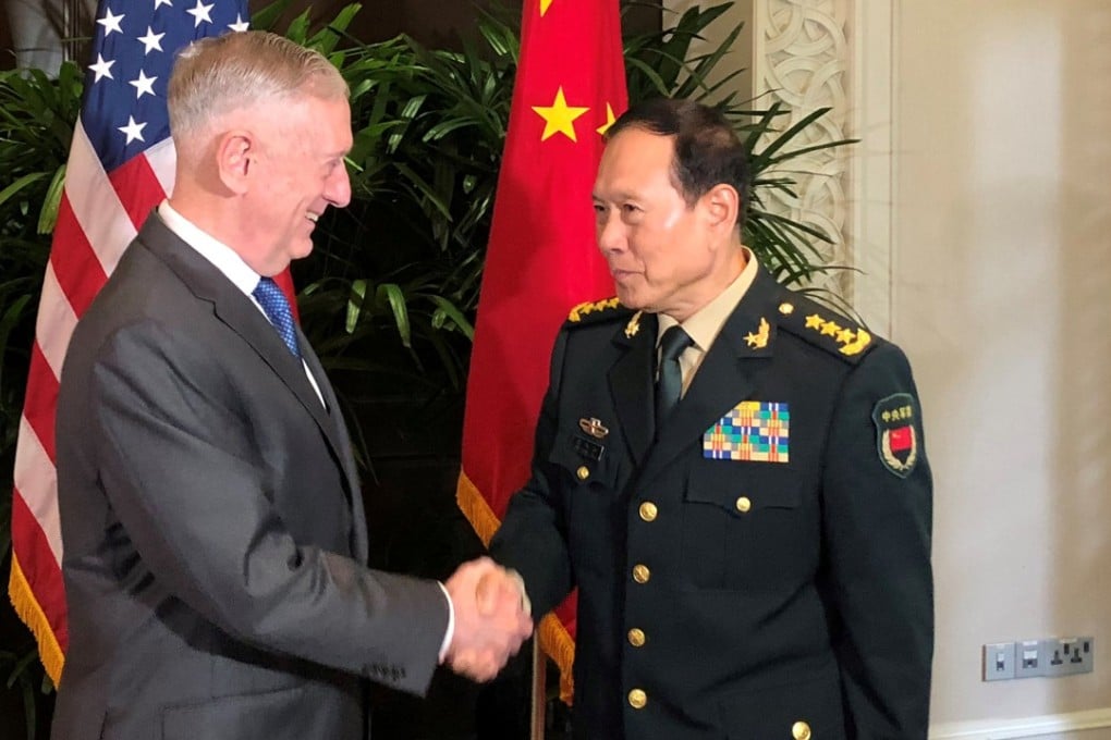 US Defence Secretary James Mattis and China’s Defence Minister Wei Fenghe greet each other ahead of talks in Singapore on October 18. Photo: Reuters