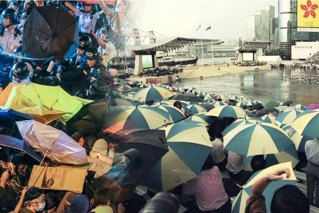 Hong Kong then and now. On the right, the handover ceremony in 1997. On the left, a 2016 protest about the National People Congress’ interpretation of the Basic Law. Hongkongers used to be politically apathetic and clear-headed, but have they lost their way after 1997? Photos: K.Y. Cheng, Martin Chan