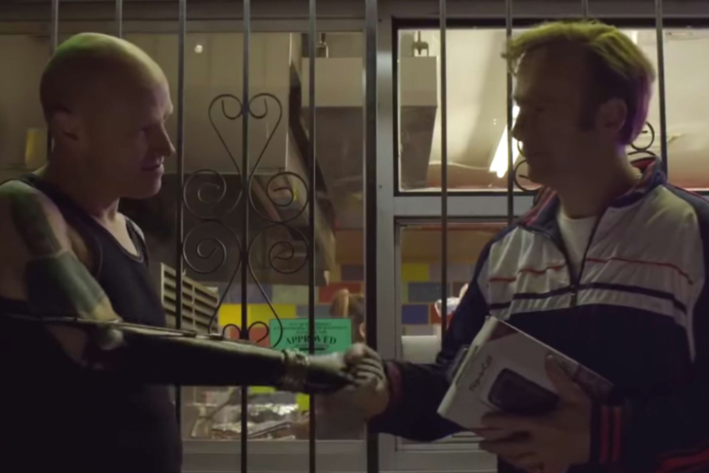 Actor Todd Lawson LaTourrette (left) pictured with Bob Odenkirk in a scene from AMC’s ‘Better Call Saul’, said he was in the midst of a psychotic episode 17 years ago when he cut off his right forearm with a power saw. Photo: AMC