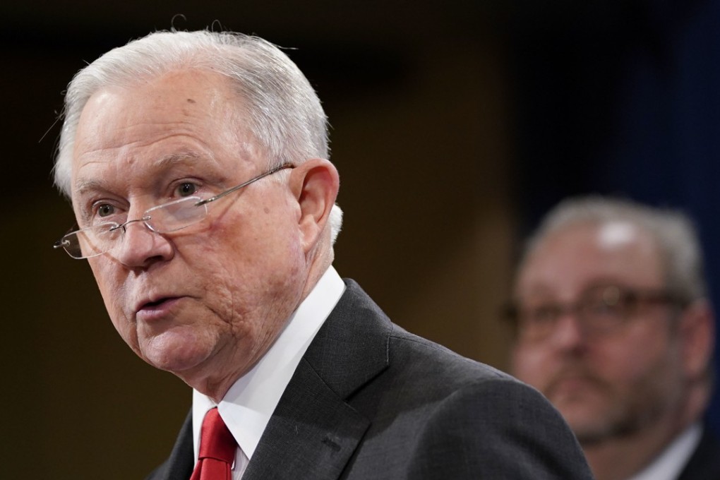 US Attorney General Jeff Sessions announces the initiative to “combat Chinese economic espionage” on Thursday. Photo: AP