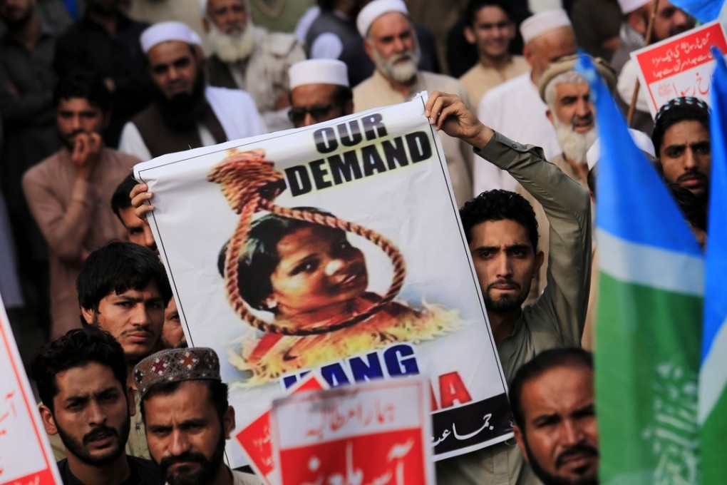 Protesters demonstrate against the acquittal of Asia Bibi, a Christian accused of blasphemy, in Peshawar, Pakistan on Friday. Photo: EPA