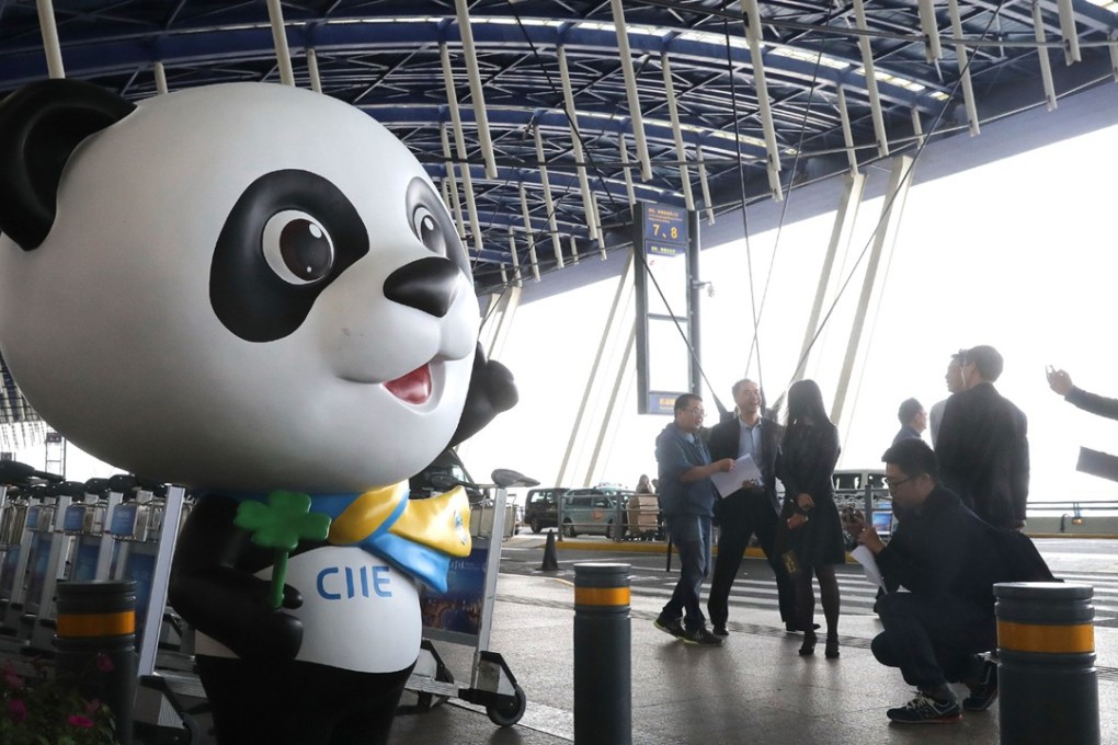 Jinbao, the mascot for the first China International Import Expo, stands at Pudong International Airport in Shanghai. Photo: Xinhua