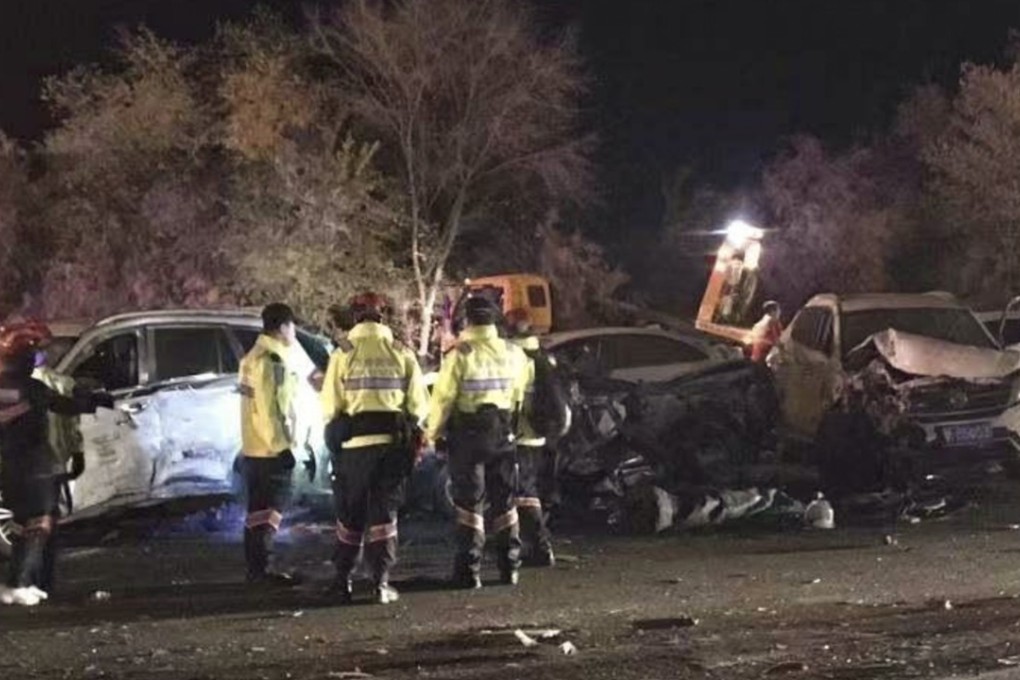 Emergency teams deal with the aftermath of a deadly traffic accident in northwest China on Saturday night. Photo: Weibo