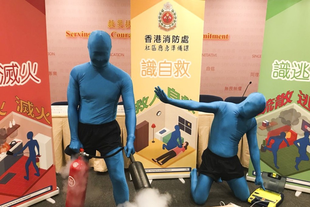 The Fire Services Department launched its official Facebook page which featured the department’s mascot “Anyone” – blue mannequins portrayed by real firefighters. Photo: Christy Leung