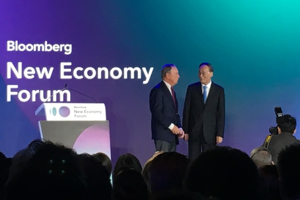 Chinese Vice-President Wang Qishan with Michael Bloomberg at the New Economic Forum in Singapore on Tuesday. Photo: Sarah Zheng