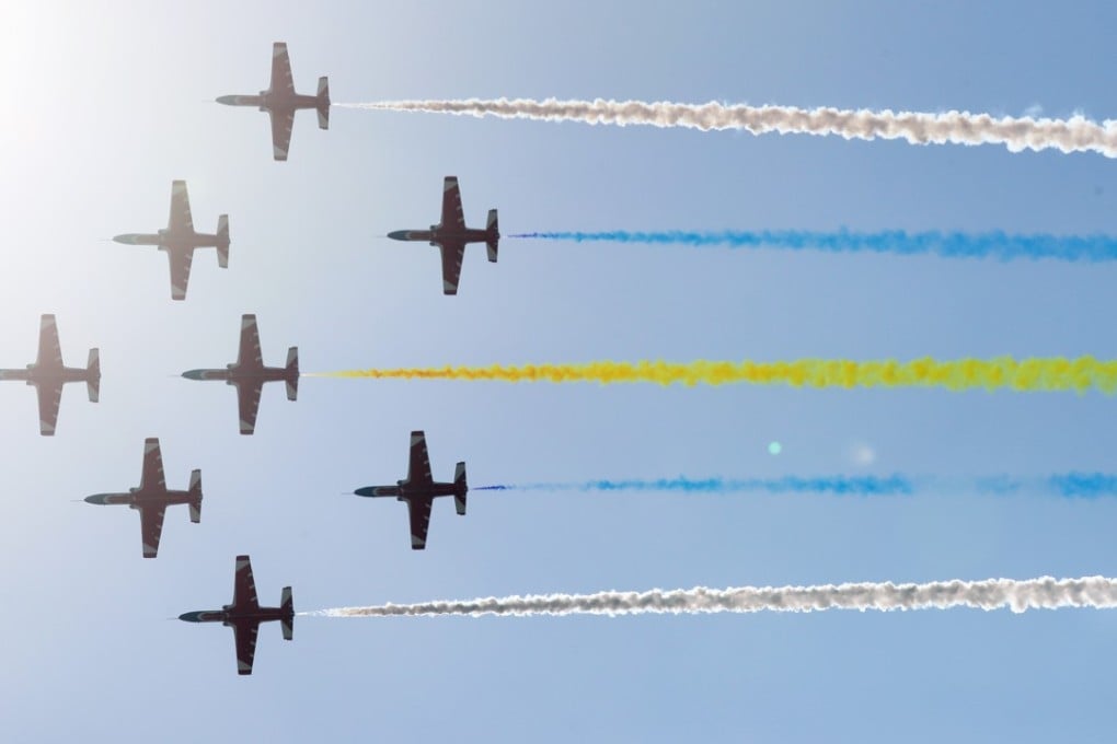 PLA Red Falcons take part in an aerial display at the Zhuhai air show on Tuesday. Photo: Dickson Lee