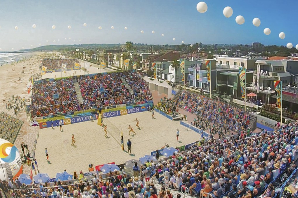 A rendering shows two temporary stadiums which will be built at South Mission Beach in San Diego for beach volleyball and beach soccer for the first World Beach Games next year. Photo: ANOC World Beach Games
