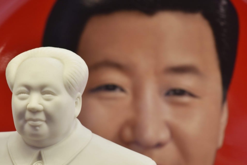 A decorative plate featuring an image of Chinese President Xi Jinping is seen behind a statue of late communist leader Mao Zedong at a souvenir store next to Tiananmen Square in Beijing on February 27, 2018. The cult of personality surrounding Xi has been compared to that of Mao. Photo: AFP