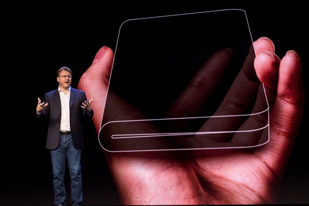 Justin Denison, senior vice-president and general manager for Samsung Electronics America, revealing the company’s new phone with a foldable screen at the Samsung Developers Conference in San Francisco on November 7. Photo: Bloomberg
