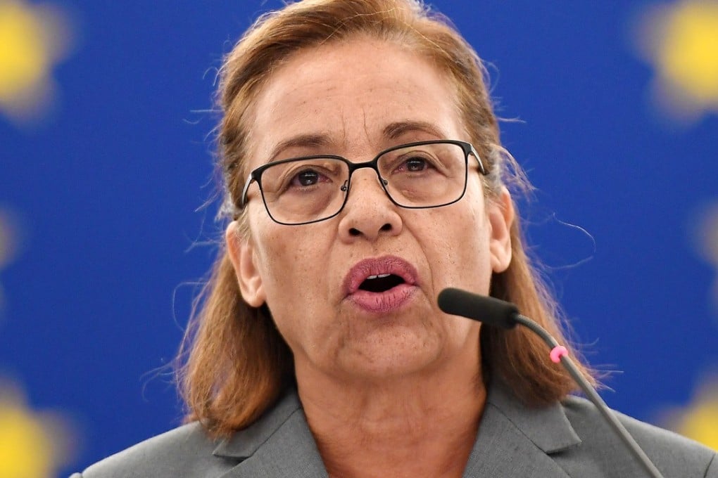 Marshall Islands President Hilda Heine speaks at the European Parliament in Strasbourg. She now faces a vote of no confidence because of her decision to make a cryptocurrency second legal tender. Photo: AFP