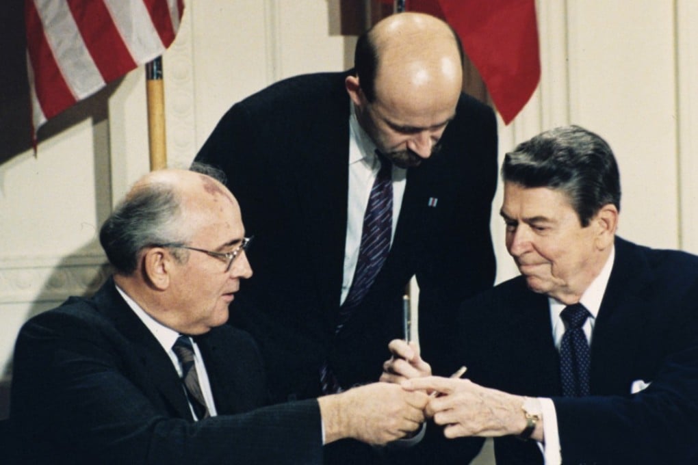 Soviet leader Mikhail Gorbachev and US President Ronald Reagan at the signing of the Intermediate Range Nuclear Forces treaty in 1987. Photo: AP