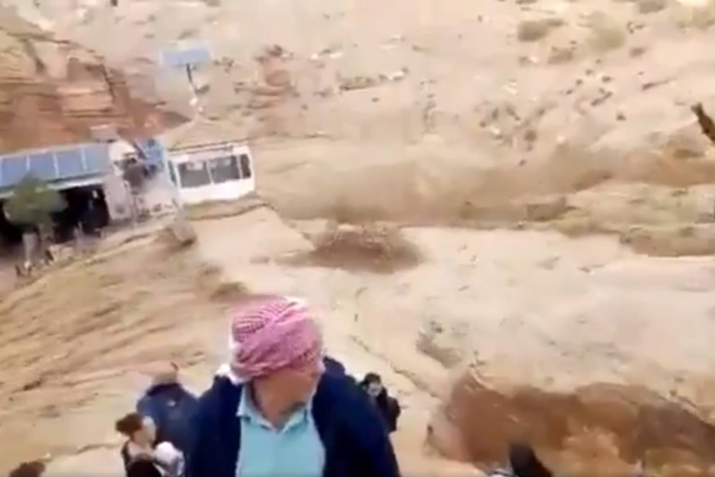 Floodwaters rage through the ancient city of Petra in Jordan on Friday. Photo: Twitter / @AKalefah