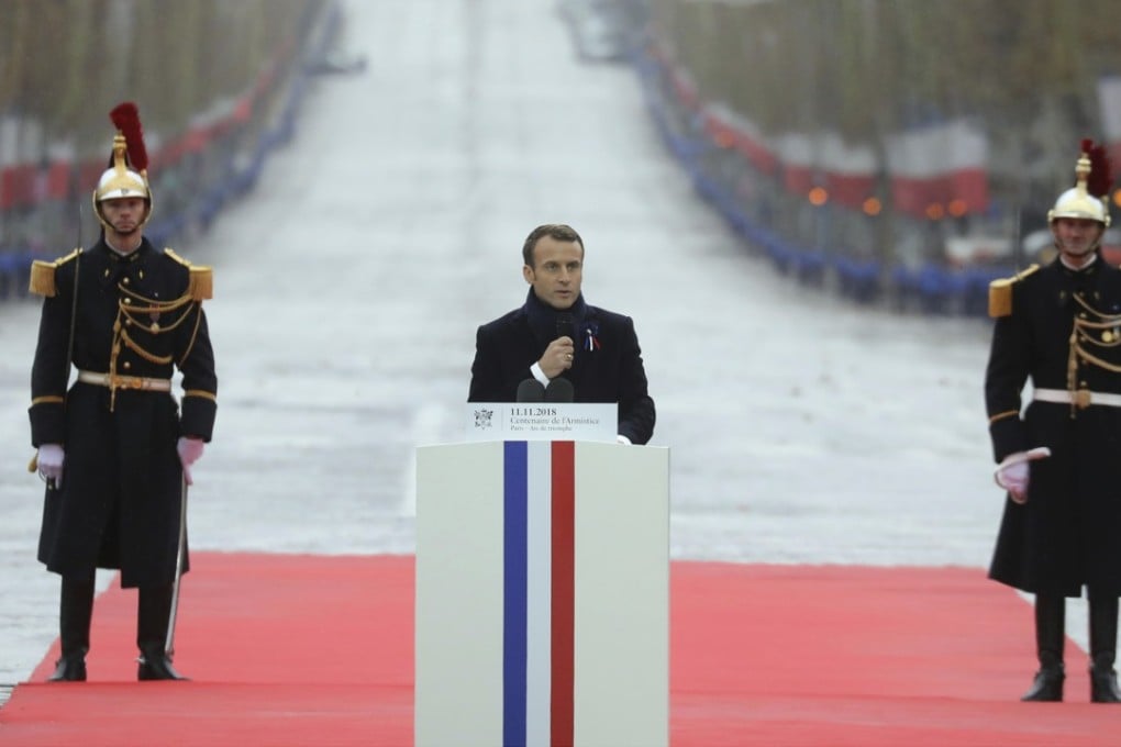 French President Emmanuel Macron delivers a speech during a ceremony at the Arc de Triomphe in Paris as part of the commemorations marking the 100th anniversary of the 1918 armistice that ended the first world war on November 11, 2018. Photo: AP