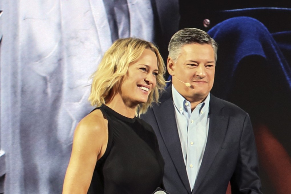Robin Wright is introduced by Netflix chief content officer Ted Sarandos during the Netflix See What's Next event in Singapore. Photo: Ore Huiying/Getty Images for Netflix