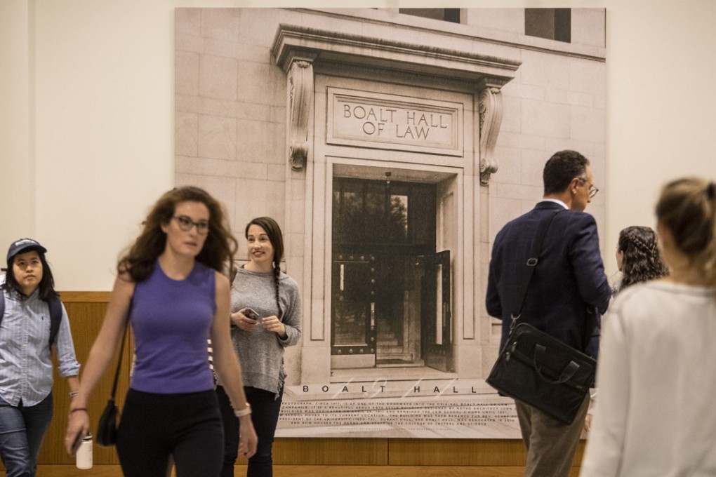 A banner with a photo of Boalt Hall circa 1911 in Berkeley Law's main classroom building. Photo: TNS