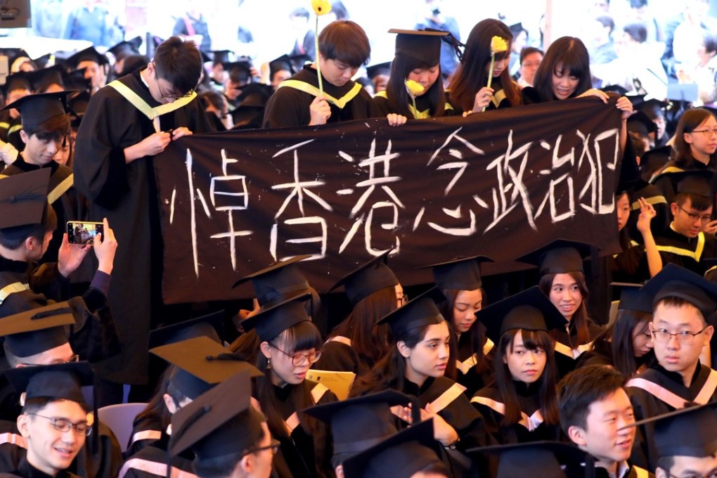 Students hold up a banner which says: ‘Remember Hong Kong’s political prisoners’. Photo: Felix Wong