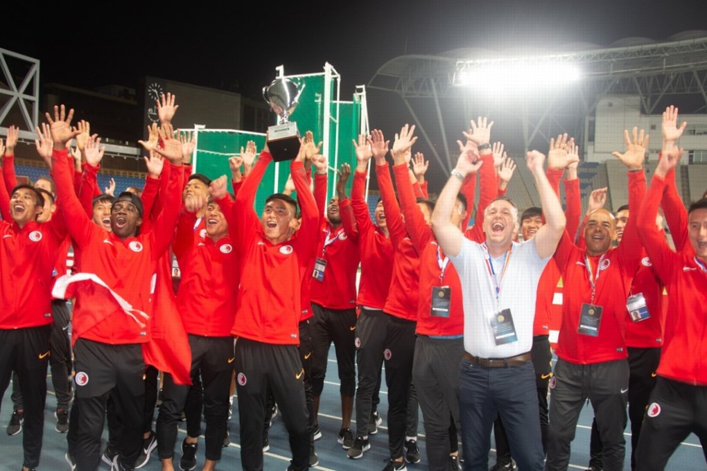 Hong Kong celebrate winning the EAFF Championship second-round qualifiers in Taipei. Photo: HKFA