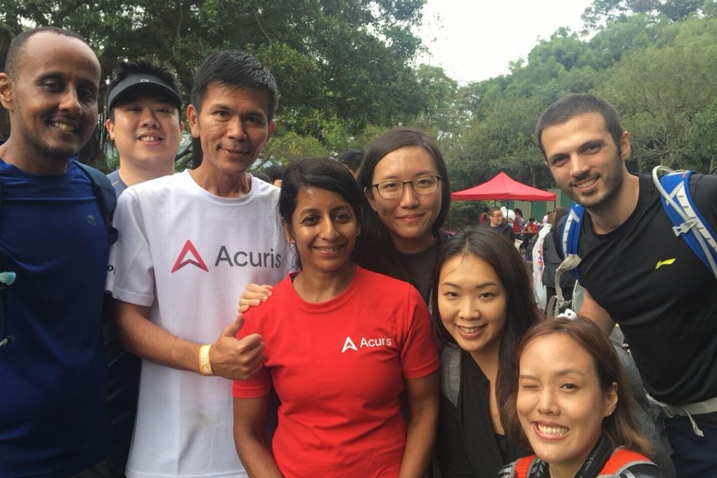 Team Nonstop along with their support team with 40km of the Oxfam Trailwalker to go. Abiy Gizaw (far left), Arthur Chan (white T-shirt), Sharmali Arumugathasan (red T-shirt) and Orestes Georgiou Daniel (far right). Photos: Andrew Mullen