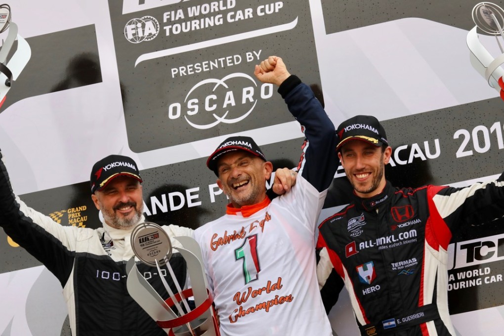 Yvan Muller (left), Gabriele Tarquini (centre) and Esteban Guerrieri (right) on the podium at the Macau Grand Prix after the World Touring Car Cup races. Photos: KY Cheng