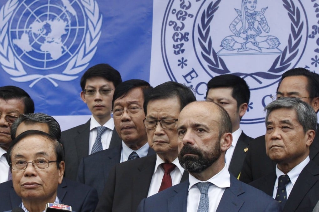 Members of the Trial Chamber of the Extraordinary Chambers in the Courts of Cambodia announce the verdicts against former Khmer Rouge leaders Khieu Samphan and Nuon Chea. Photo: EPA