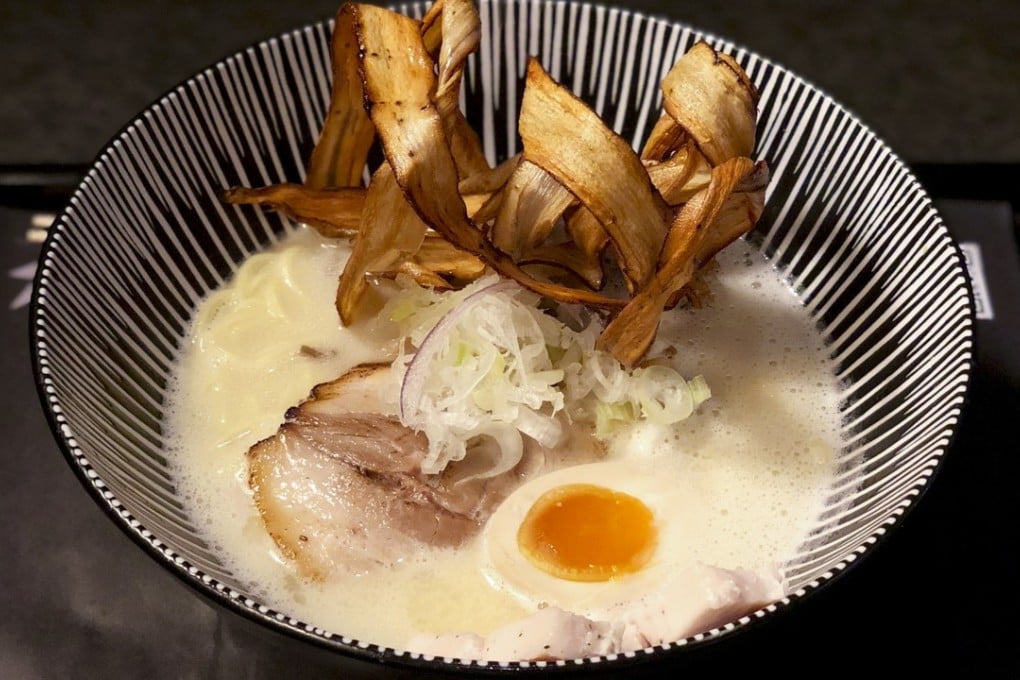 Chicken soup ramen with fried burdock at Kane Tsuru Ramen in Jordan.