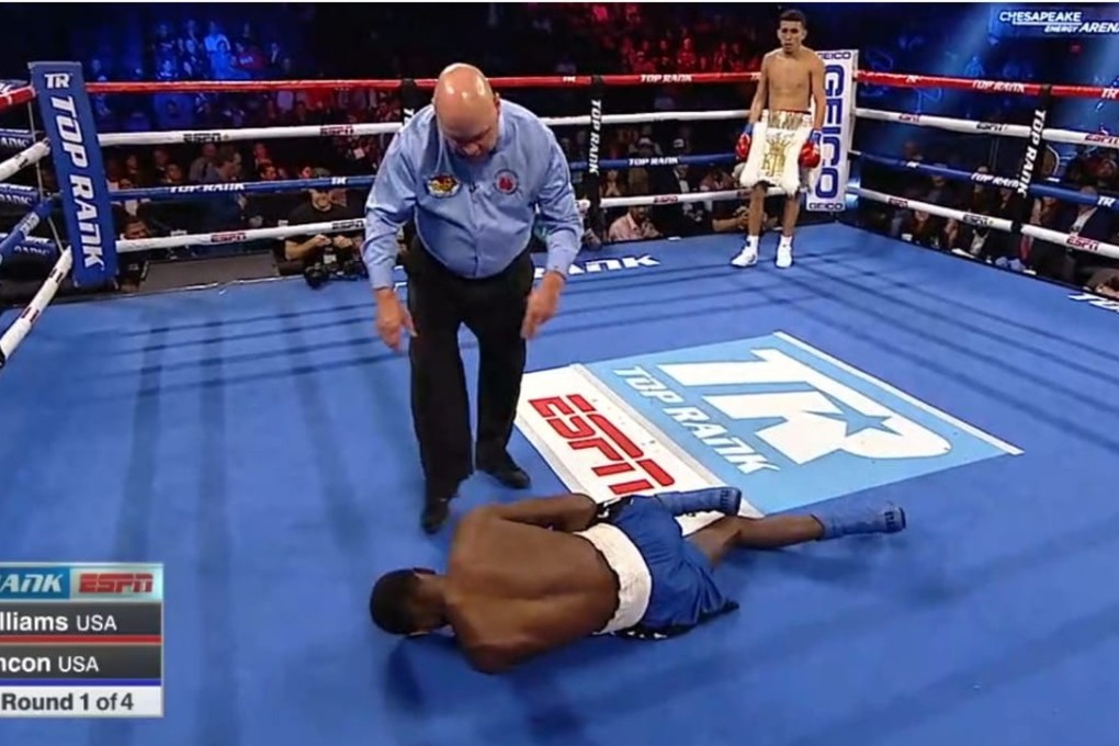 Emanuel Williams is counted out by the referee after his embarrassing first-round knockout against John Rincon. Photo: Twitter