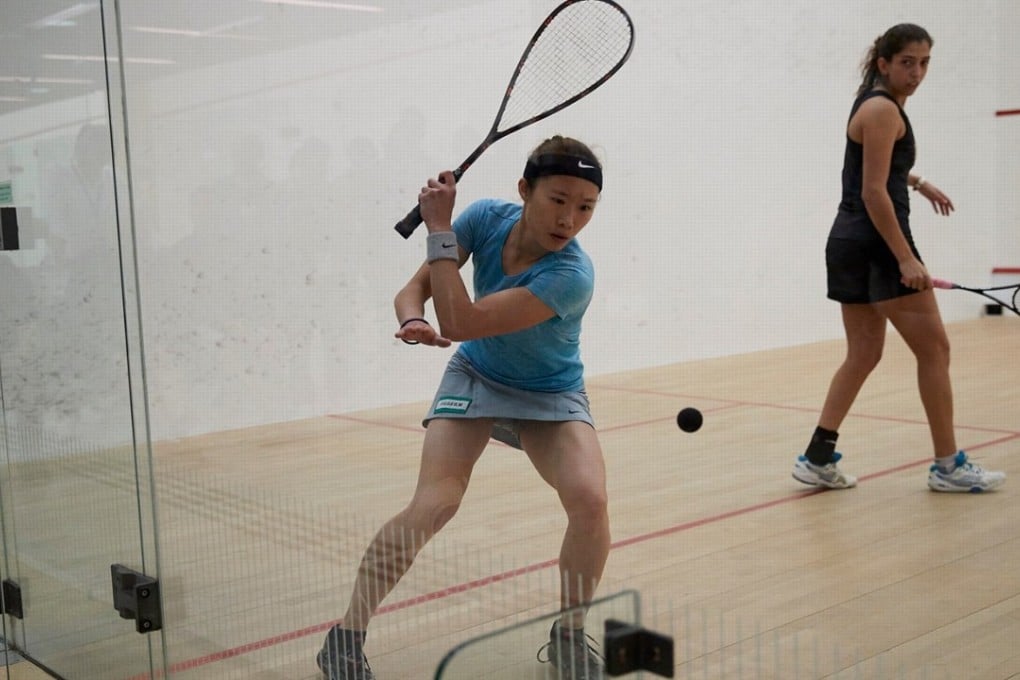 Joey Chan plays a backhand shot against Egypt’s Yathreb Adel on Thursday night. Photos: Chan Kin-wa