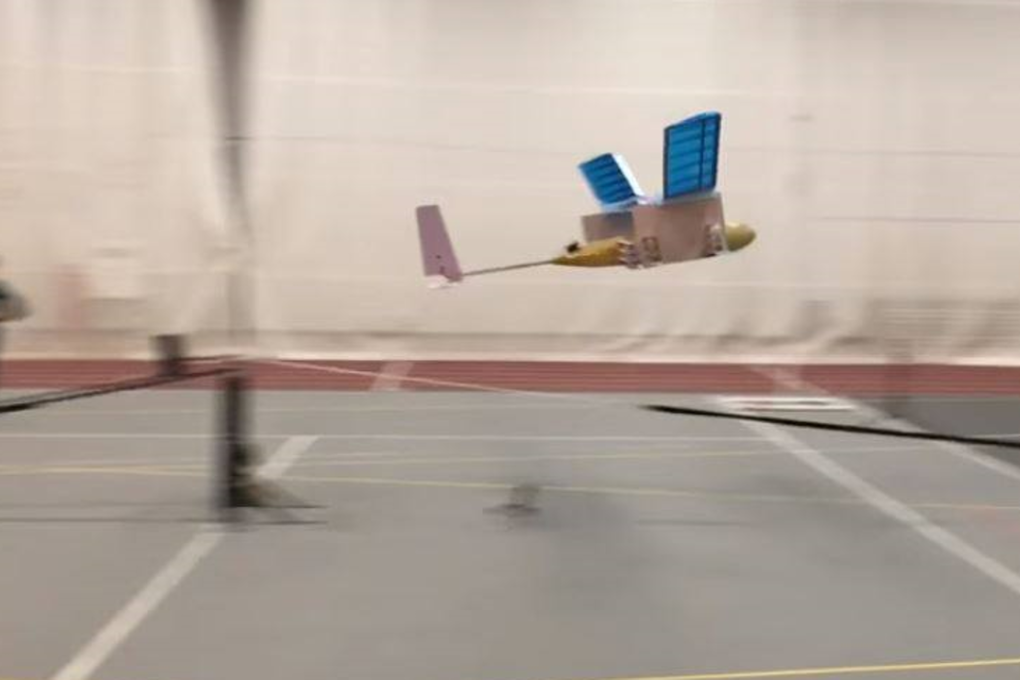 The ion-drive plane takes flight at MIT’s indoor running track. Photo: Nature / YouTube